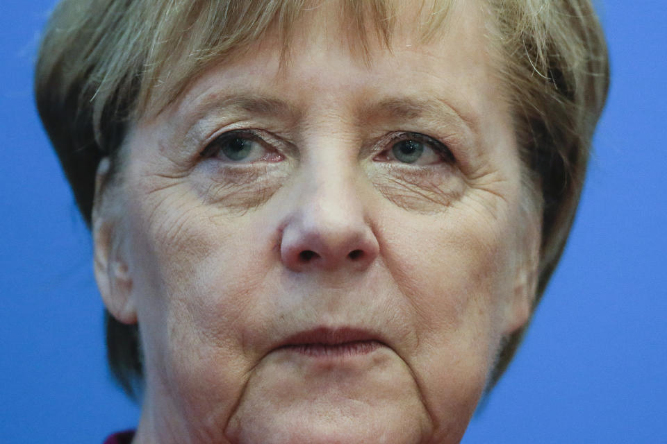 German Christian Democratic Party, CDU, chairwoman and Chancellor Angela Merkel attends a party's leaders meeting at the headquarters the in Berlin, Germany, Monday, Oct. 29, 2018. (AP Photo/Markus Schreiber)