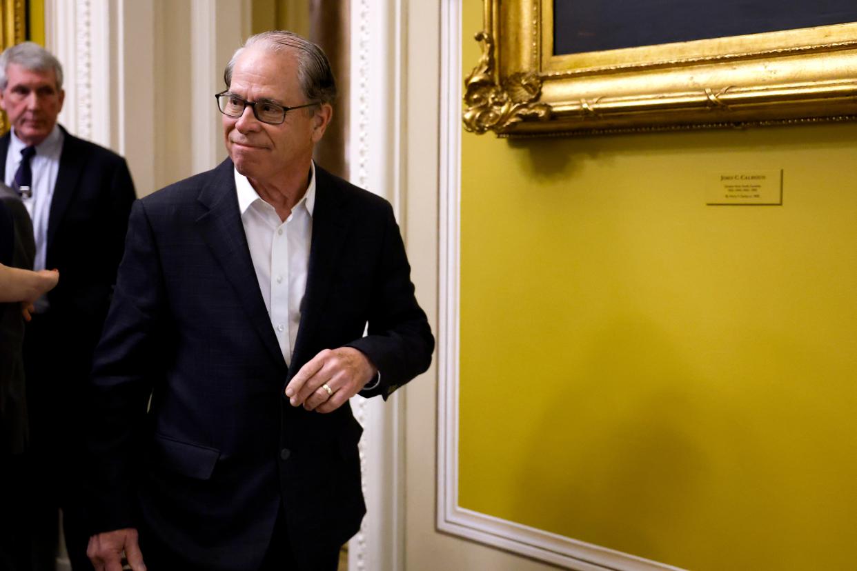Sen. Mike Braun (R-IN) arrives to a luncheon with Senate Republicans at the U.S. Capitol on February 07, 2024 in Washington, DC.