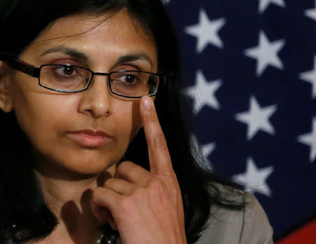 Nisha Biswal, U.S. assistant secretary of state for South and Central Asian Affairs gestures after the meeting with Sri Lanka's Minister of Foreign Affairs Mangala Samaraweera in Colombo, Sri Lanka July 12, 2016. REUTERS/Dinuka Liyanawatte