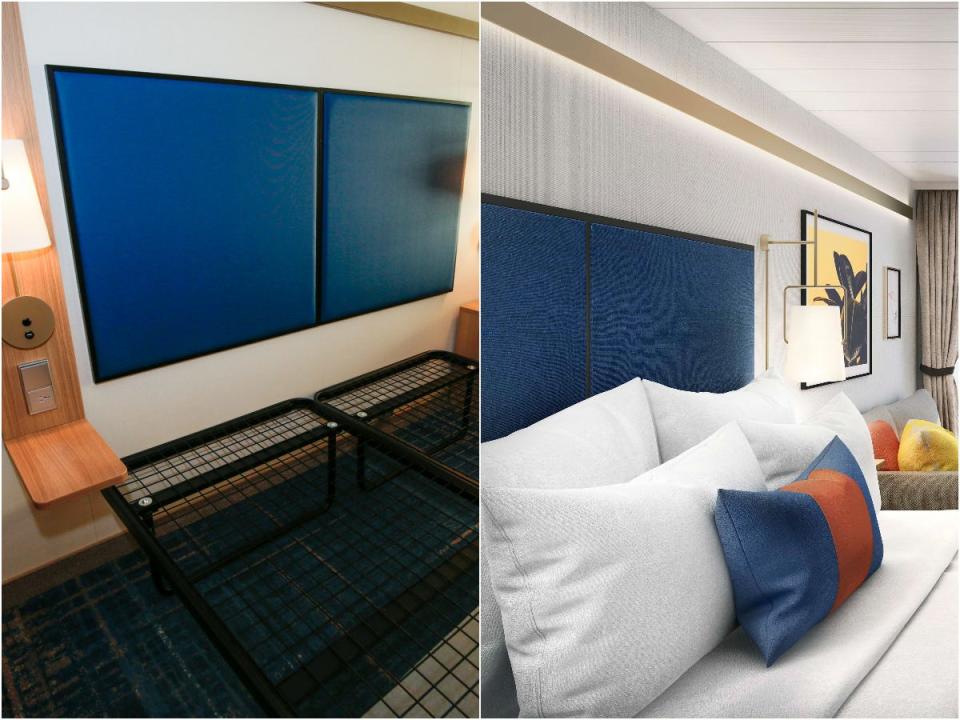 A collage of the rendering of the family infinite ocean view balcony stateroom with what it looks like in real life with no mattress yet