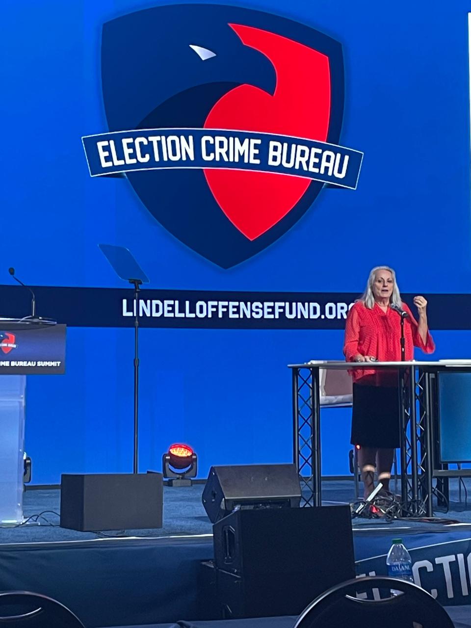 Linda Rantz, who pushed for hand-counted ballots in Osage County, speaks to the audience at the Mike Lindell Election Crime Bureau Summit about implementing hand-count elections in their home states on Aug. 17, 2023 in Springfield, MO.