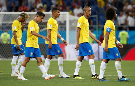 Soccer Football - World Cup - Group E - Brazil vs Switzerland - Rostov Arena, Rostov-on-Don, Russia - June 17, 2018 Brazil's Neymar, Philippe Coutinho, Thiago Silva, Miranda and Marcelo look dejected at the end of the match REUTERS/Damir Sagolj