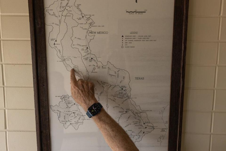 Jim Darling, chair of the Rio Grande Regional Water Planning Group and former mayor of McAllen, points at rivers and tributaries shown on a map at the South McAllen Water Plant, in McAllen, on Monday, July 15, 2024.