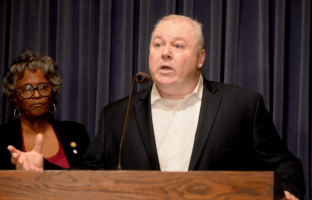 Sangamon County Coroner Jim Allmon speaks during a press conference at the state Capitol Thursday, February 8, 2024 on Senate Bill 2643 that would place further regulations on the death care industry.