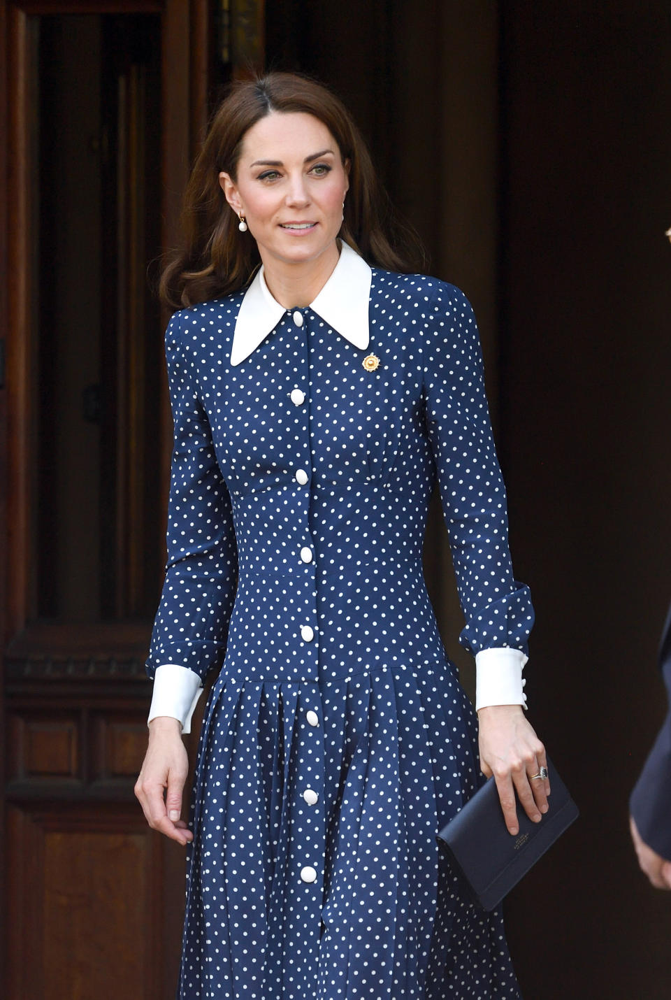 The Duchess of Cambridge wore a polka dot Alessandra Rich dress when she visited the D-Day exhibition at Bletchley Park on May 14, 2019. (Getty Images)