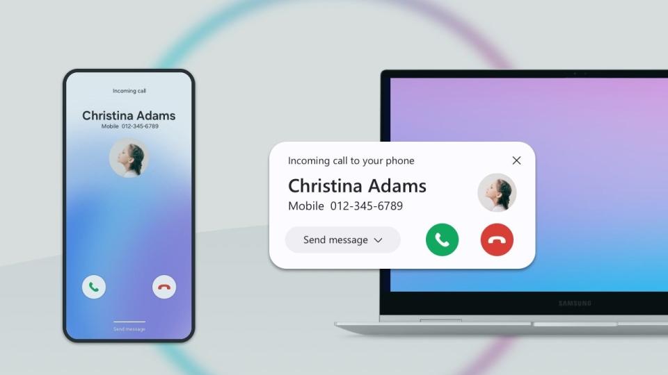 Samsung's phone app for Windows showing a pop-up notification on a laptop screen