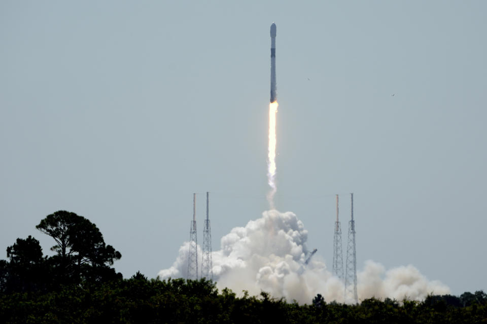 A SpaceX Falcon 9 rocket, with the European Space Agency Euclid space telescope, lifts off from pad 40 at the Cape Canaveral Space Force Station in Cape Canaveral, Fla., Saturday, July 1, 2023. The Euclid mission is designed to explore the evolution of the dark universe. (AP Photo/John Raoux)