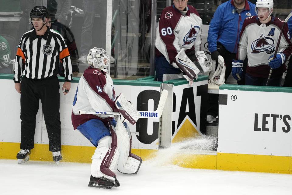 Colorado Avalanche goaltender Alexandar Georgiev skates to the bench late in the third period in Game 2 of the team's NHL hockey Stanley Cup second-round playoff series against the Dallas Stars in Dallas, Thursday, May 9, 2024. (AP Photo/Tony Gutierrez)