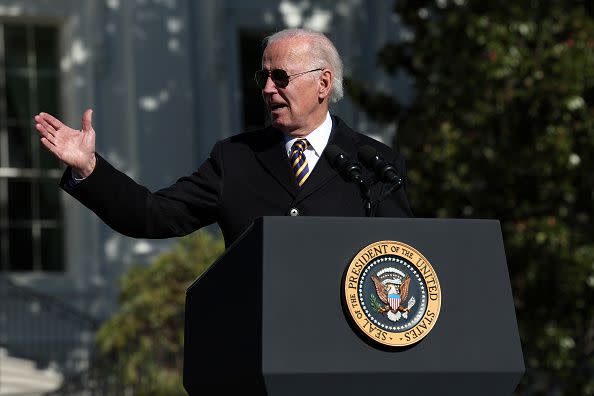 WASHINGTON, DC - NOVEMBER 21: U.S. President Joe Biden delivers remarks as he pardons the National Thanksgiving Turkeys Chocolate and Chip on the South Lawn of the White House November 21, 2022 in Washington, DC. Chocolate and Chip were raised at Circle S. Ranch, outside of Charlotte, North Carolina, and will reside on the campus of North Carolina State University following today's ceremony. (Photo by Win McNamee/Getty Images)