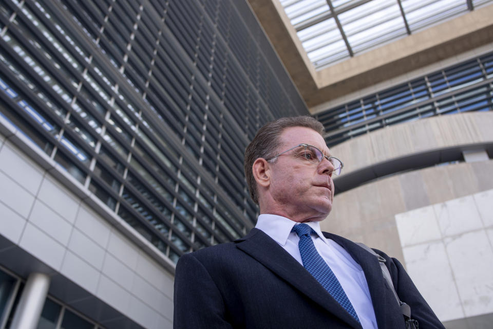 Douglas Haig leaves the Lloyd George Federal Courthouse, Tuesday Nov. 19, 2019, in Las Vegas, after pleading guilty to illegally manufacturing tracer and armor-piercing bullets found in a high-rise hotel suite where a gunman took aim before the Las Vegas Strip massacre two years ago. Haig is a 57-year-old aerospace engineer who used to reload bullets at home in Mesa, Airz., and sell them at gun shows. He isn’t accused of a direct role in the Oct. 1, 2017, shooting that killed 58 people and injured hundreds at an open-air music festival.(Elizabeth Page Brumley/Las Vegas Review-Journal via AP)