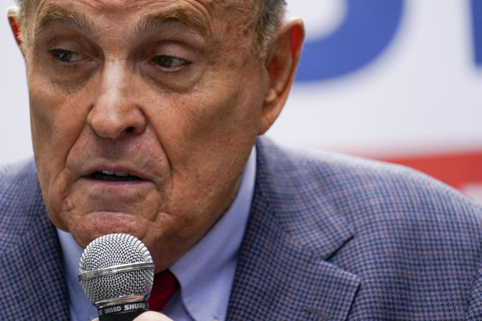 FILE - In this June 21, 2021, file photo former New York City Mayor Rudy Giuliani speaks during a campaign event for Republican mayoral candidate Curtis Sliwa in New York. An appeals court suspended Giuliani from practicing law in New York because he made false statements while trying to get courts to overturn Donald Trump’s loss in the presidential race. The ruling, signed Thursday, June 24 will prevent Giuliani from representing clients as a lawyer. (AP Photo/Mary Altaffer, File)