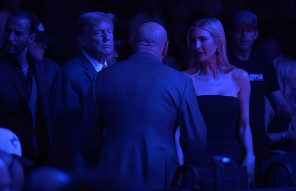 Former President Donald Trump and his daughter Ivanka talk with UFC President Dana White at the UFC 299 event at the Kaseya Center on Saturday, March 9, 2024, in downtown Miami, Fla. MATIAS J. OCNER/mocner@miamiherald.com