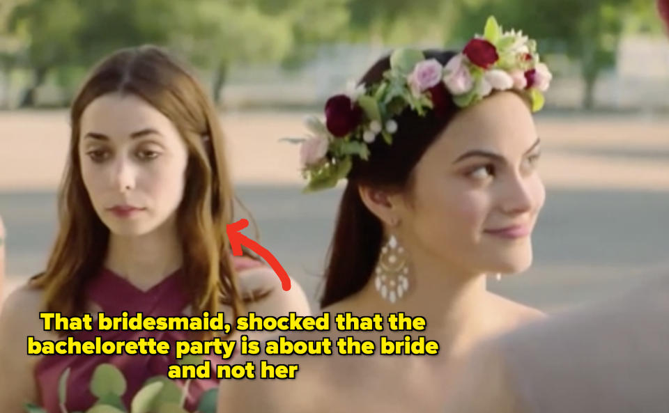 A happy bride and irritated looking bridesmaid with the text "That bridesmaid, shocked that the bachelorette party is about the bride and not her"