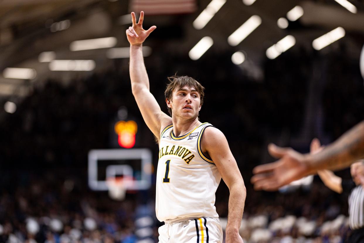 Villanova guard Brendan Hausen (1) reacts after making a 3-pointer against Butler on Feb. 20. Hausen announced Friday that he is transferring to Kansas State for the 2024-25 season.