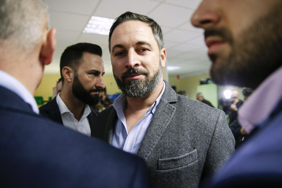 Santiago Abascal, leader of far-right Vox Party, arrives at a polling station to cast his vote for the general election in Madrid, Spain, Sunday, Nov. 10, 2019. Spain holds its second national election this year after Socialist leader Pedro Sanchez failed to win support for his government in a fractured Parliament. (AP Photo/Andrea Comas)