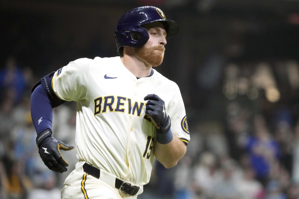 Milwaukee Brewers' Oliver Dunn runs the bases after hitting his first career home run during the fourth inning of a baseball game against the Seattle Mariners, Friday, April 5, 2024, in Milwaukee. (AP Photo/Kayla Wolf)