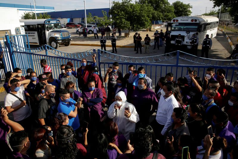 FILE PHOTO: Susana Prieto, a lawyer and labor activist, advises employees of an Electrocomponentes de Mexico factory during a protest to halt work amid the spread of the coronavirus disease (COVID-19), in Ciudad Juarez