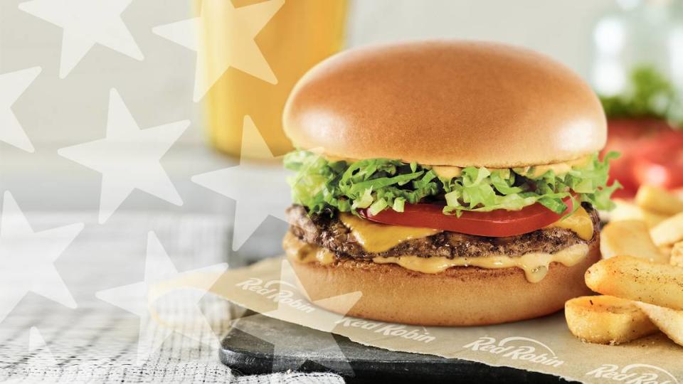 Red Robin will treat ceterans and active-duty military members to a free Red’s Big Tavern Burger and Bottomless Steak Fries. Hand-out/Red Robin Gourmet Burgers, Inc.