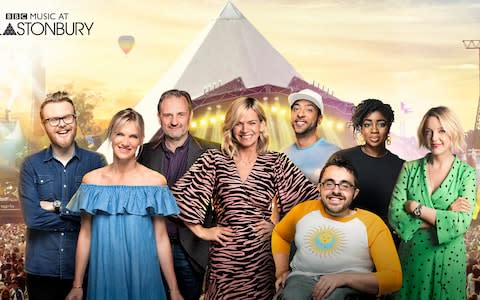 Hay bales, posh food and spotless wellies - BBC Glasto presenting team 2019 bingo - Credit: BBC