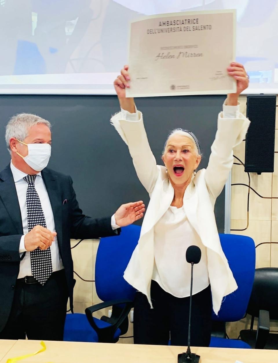 <p>Helen Mirren looks elated to be become Ambassador of the University of Salento in Lecce, Italy on Oct. 21. </p>