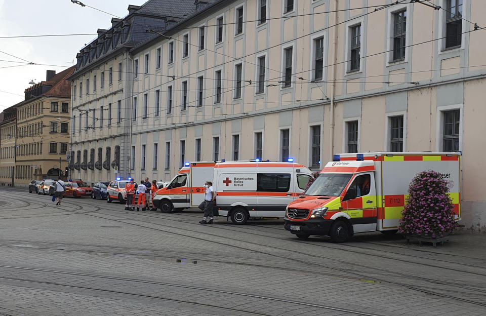 Emergency services attend the scene of an incident in Wuerzburg, Germany, Friday June 25, 2021. German police say several people have been injured in an incident in the southern city of Wuerzburg. (Carolin Gi'ibl/dpa via AP)