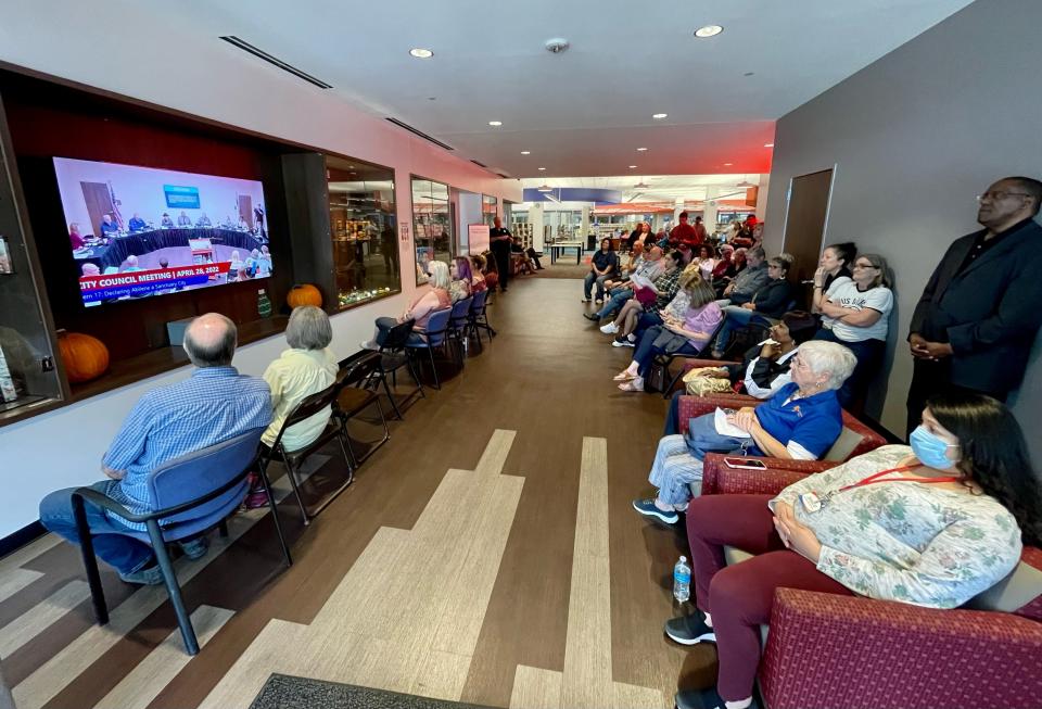 Many of those attending a morning meeting in late April of the Abilene City Council at the Mall of Abilene library branch had to be seated outside and watch on a TV screen. The council voted 4-3 to send a proposed ordinance to make Abilene a "sanctuary city for the unborn" to the ballot in November. Afterward, a group contested the legality of the vote.