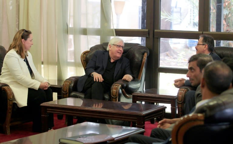 UN special envoy for Yemen Martin Griffiths holds talks with a Huthi official upon his arrival at Sanaa international airport on June 16, 2018