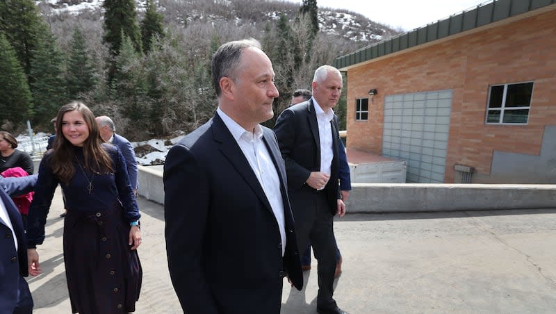 Second gentleman of the United States Doug Emhoff and Salt Lake City Mayor Erin Mendenhall walk near the City Creek water treatment plant in Salt Lake City on Friday, March 22, 2024.