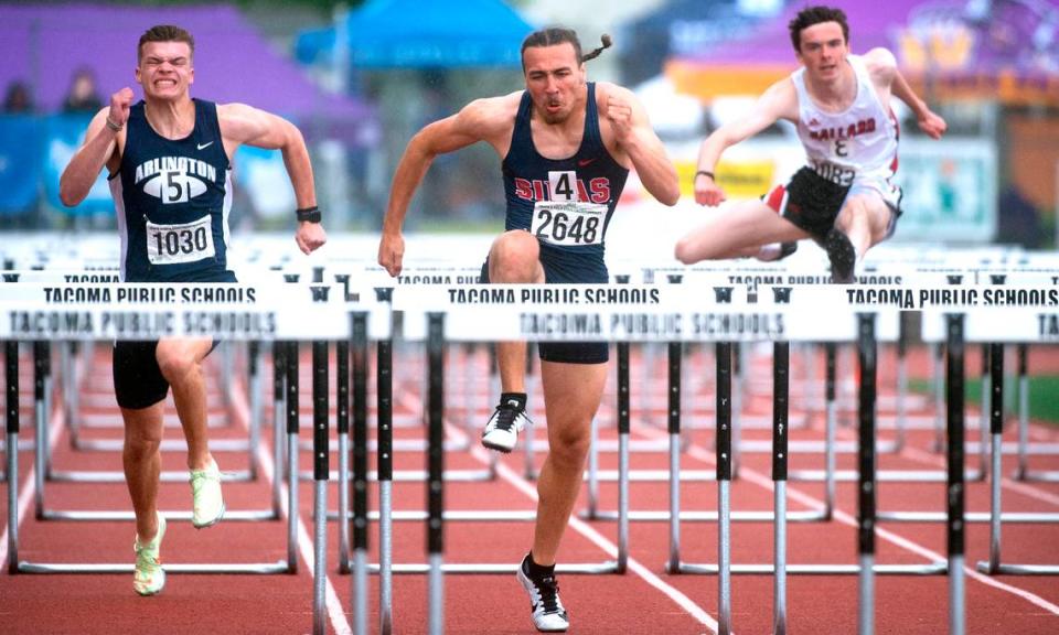 Silas’ Jaylen McCabe runs to a state championship in the 3A boys 110-meter high hurdles during the second day of the WIAA State Track and Field Championships at Mount Tahoma High School in Tacoma, Washington on Friday, May 27, 2022.