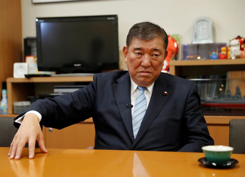 Japan's ruling Liberal Democratic Party lawmaker Shigeru Ishiba speaks during an interview with Reuters at his office in Tokyo