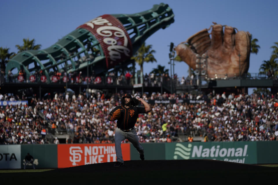 San Francisco Giants pitcher Sean Manaea works against the Boston Red Sox during the seventh inning of a baseball game in San Francisco, Saturday, July 29, 2023. (AP Photo/Jeff Chiu)