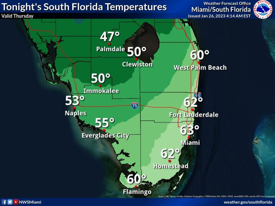 Projected temperatures in South Florida as a cold front moves down the state.