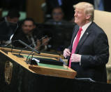 President Donald Trump reacts to laughter from diplomats during his address to the United Nations General Assembly, Tuesday Sept. 25, 2018 at U.N. headquarters. (AP Photo/Bebeto Matthews)