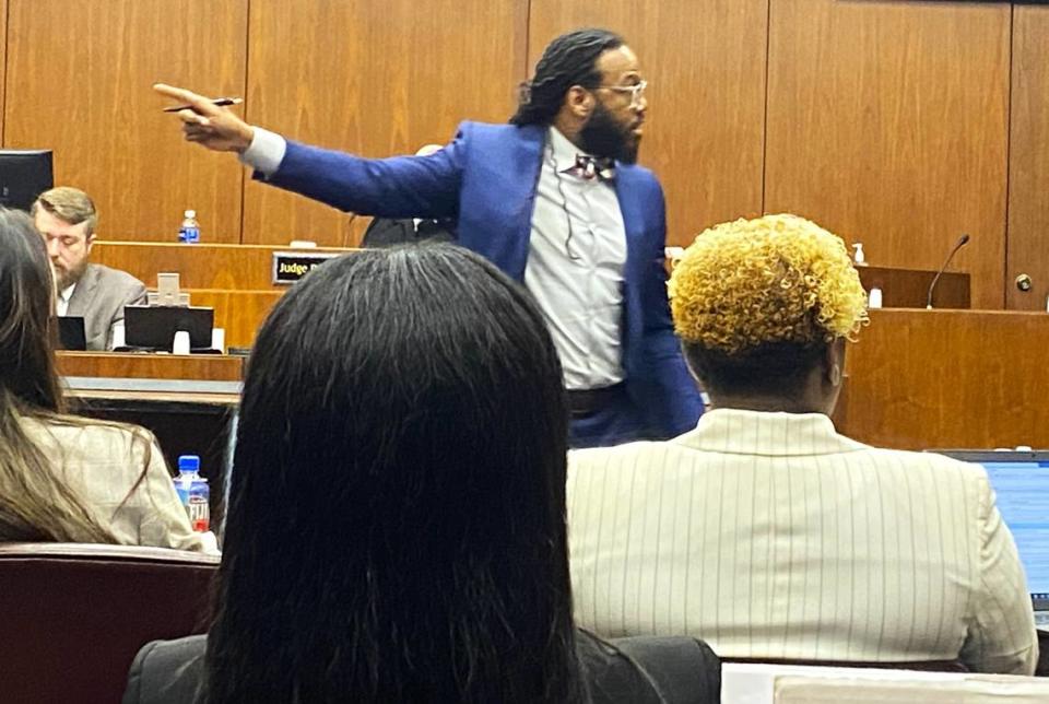 Attorney William Kendrick gestures during opening arguments in Columbus’ ”Insane Crips” murder trial. Kendrick represents Corey Troupe.