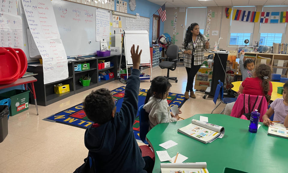 Patricia Montalvo wants her afterschool lessons to be a safe space for multilingual learners to practice speaking English. “​​Make those mistakes,” she encourages youngsters. “We’ll learn from each other.” (Asher Lehrer-Small)