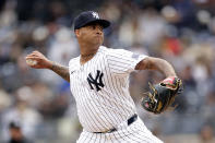 New York Yankees pitcher Luis Gil throws against the Tampa Bay Rays during the third inning of a baseball game Sunday, April 21, 2024, in New York. (AP Photo/Adam Hunger)
