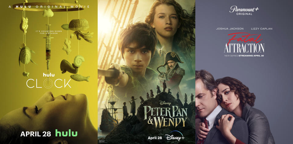 This combination of photos shows promotional art for "Clock," a film premiering April 28 on Hulu, left, "Peter Pan & Wendy," a film premiering April 28 on Disney+ and "Fatal Attraction, a series premiering April 30. (Hulu/Disney+/Paramount+ via AP)