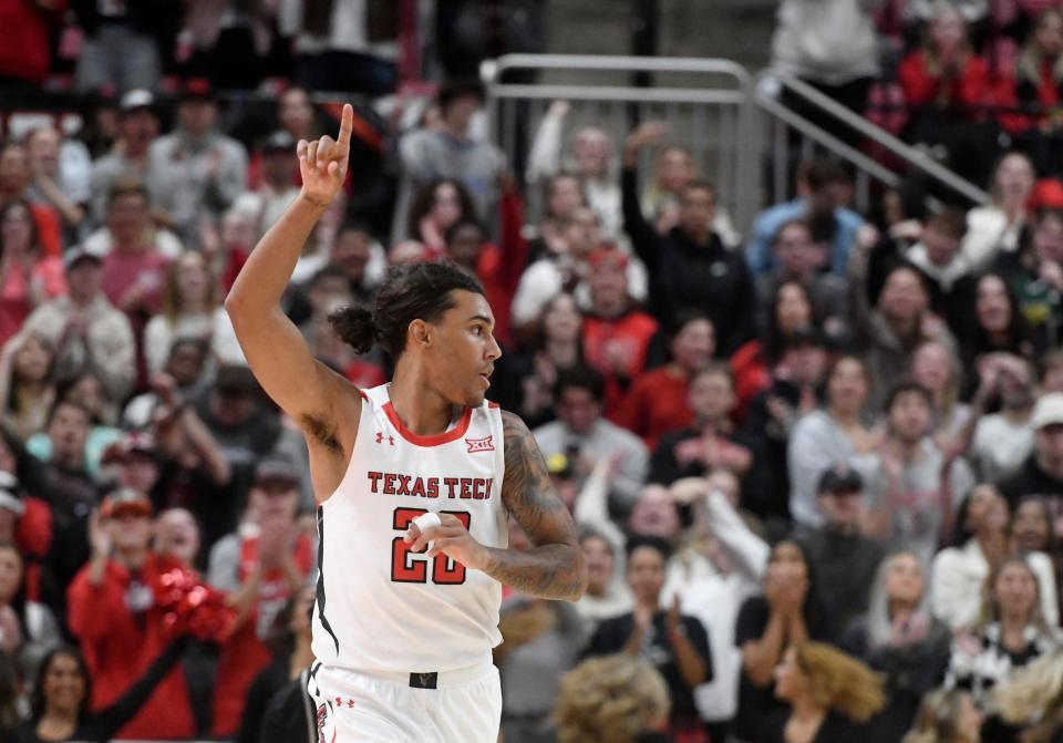 Texas Tech's guard Jaylon Tyson (20) gestures after scoring against Georgetown in the Big East-Big 12 Battle basketball game, Wednesday, Nov. 30, 2022, at United Supermarkets Arena. 