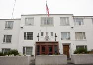 An exterior view of the US embassy in Reykjavik, Iceland Saturday Aug. 1, 2020. In Iceland, a nation so safe that its president runs errands on a bicycle, U.S. Ambassador Jeffery Ross Gunter has left locals aghast with his request to hire armed bodyguards. He's also enraged lawmakers by casually and groundlessly hitching Iceland to President Donald Trump's controversial "China virus” label for the coronavirus. (AP Photo/Árni Torfason)