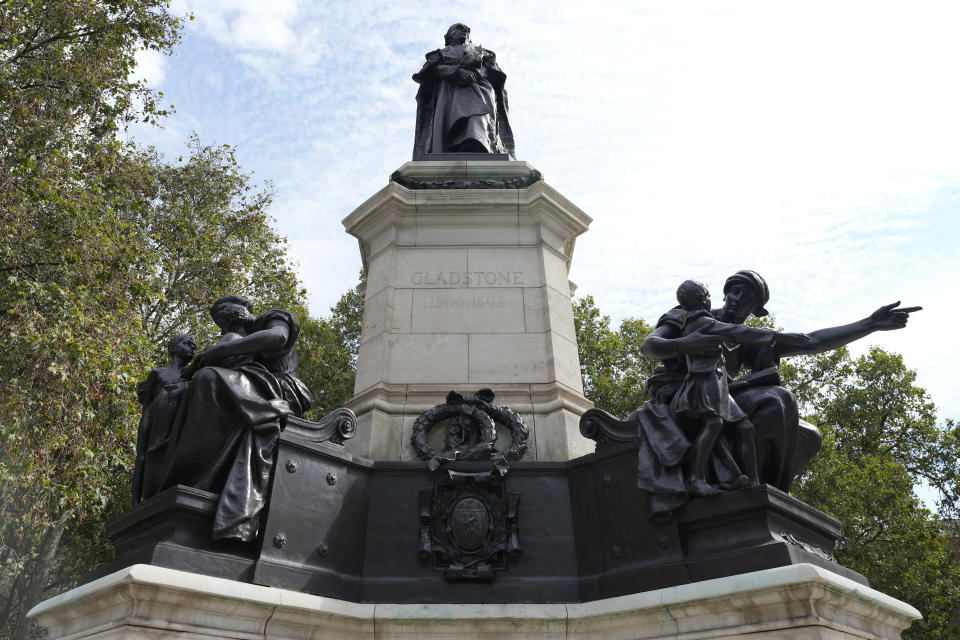 The Gladstone Memorial, a statue of former British Prime Minister William Gladstone, the son of sugar and coffee plantation owner John Gladstone, in London, Friday, Aug. 25, 2023. Guyana president Irfaan Ali has lashed out at the descendants of European slave traders and says those who profited from the cruel, trans-Atlantic slave trade should offer to pay reparations to today's generations. Ali spoke ahead of Friday's planned formal apology in Guyana by the descendants of Scottish 19th-century sugar and coffee plantation owner John Gladstone. He said the apology should also include issues of compensation and reparative justice. (AP Photo/Kirsty Wigglesworth)