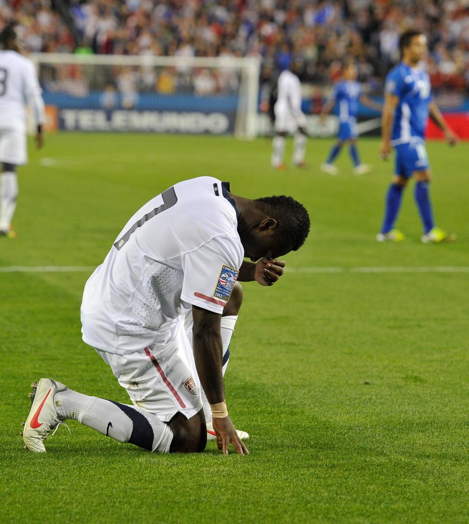 NASHVILLE, TN - MARCH 26: Freddy Adu #7 of the USA reacts after missing a shot against El Salvador during a 2012 CONCACAF Men's Olympic Qualifying match at LP Field on March 26, 2012 in Nashville, Tennessee. (Photo by Frederick Breedon/Getty Images)