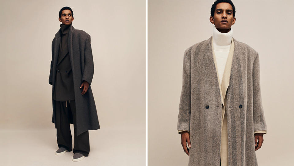 Two overcoats from Fear of God's debut runway collection, now available.