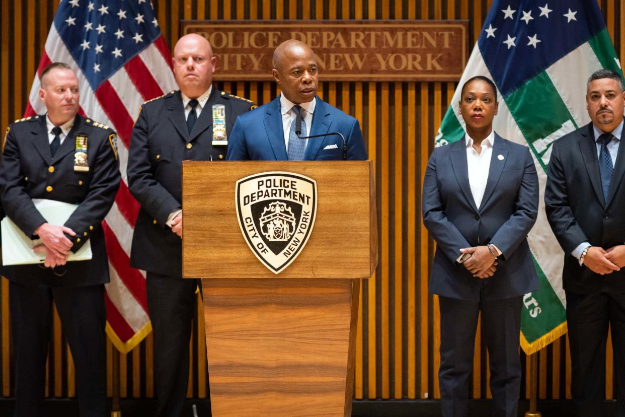 New York City Mayor Eric Adams and NYPD Police Commissioner Keechant Sewell call out repeated offenders under the current bail laws in Manhattan, New York on Aug. 3, 2022.