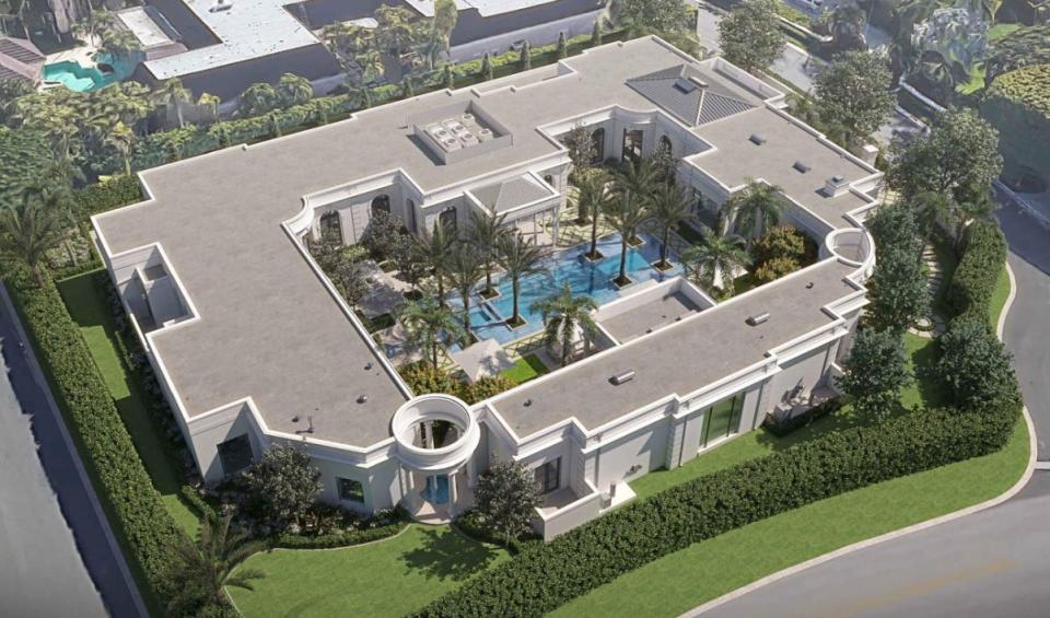 A rendering shows how the revised exterior and re-landscaped pool courtyard would look at a house built in the 1990s at 7 La Costa Way on the North End of Palm Beach.