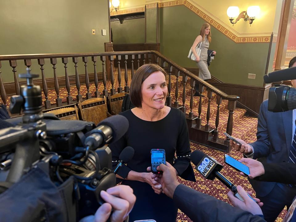 Sen. Winnie Brinks, D-Grand Rapids, speaks with the media after she was elected Senate majority leader. She won the leadership race on Nov. 10, 2022 at the Michigan State Capitol.