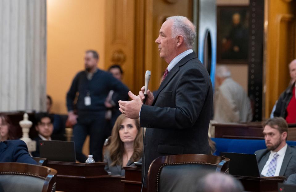 Jan 24, 2024; Columbus, Ohio, United States; Ohio State Senator Steve Huffman of the 5th District speaks during a debate on whether or not to override Governor Mike DeWine's veto of House Bill 68.