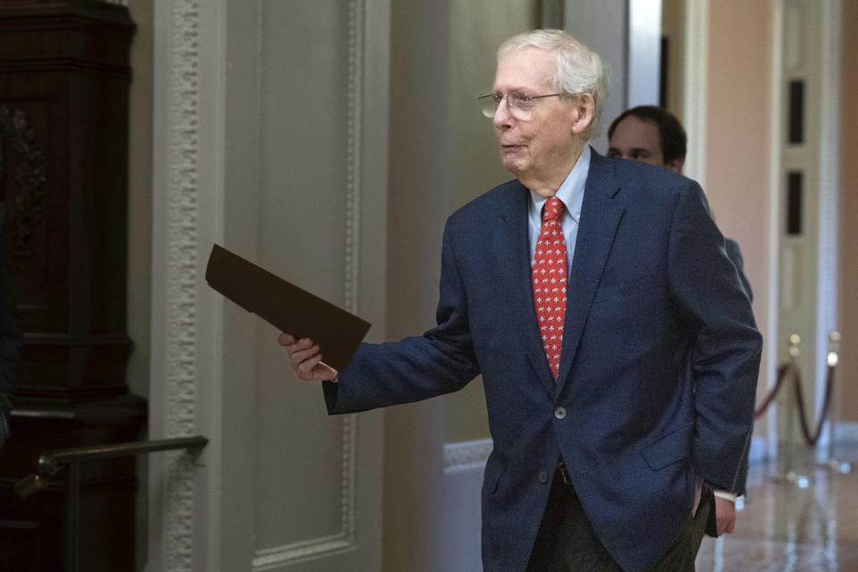 Senate Minority Leader Mitch McConnell, R-Ky., walks to the Senate chamber at the Capitol in Washington, Tuesday, Sept. 26, 2023. (AP Photo/Jose Luis Magana)