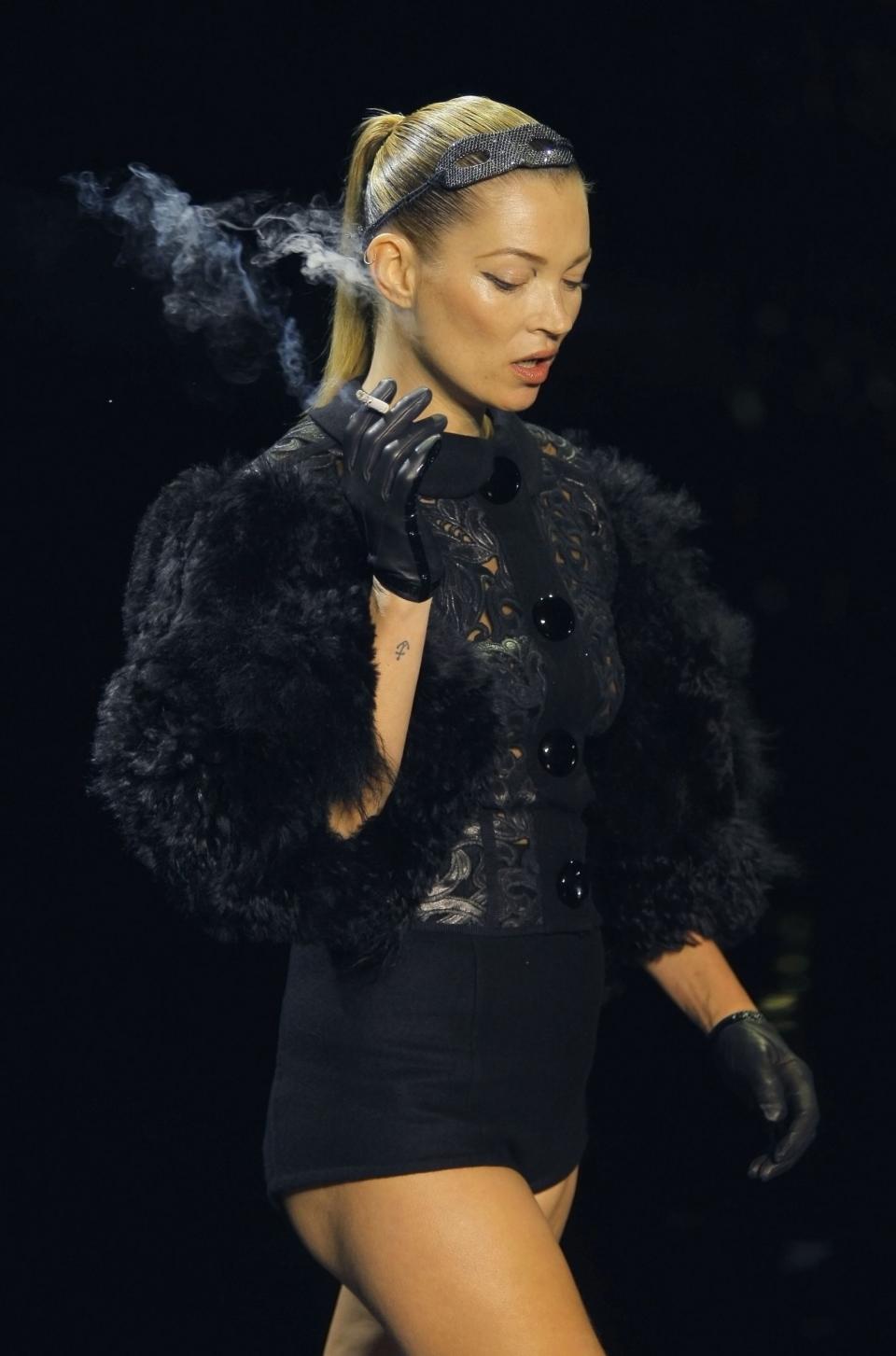 <p>Marc Jacobs’ 2011 collection for Louis Vuitton featured one of his muses, Kate Moss. Held on No Smoking Day, the supermodel naturally lit up a cigarette on the runway. We like to think this was purely her decision. <i>[Photo: Rex]</i> </p>