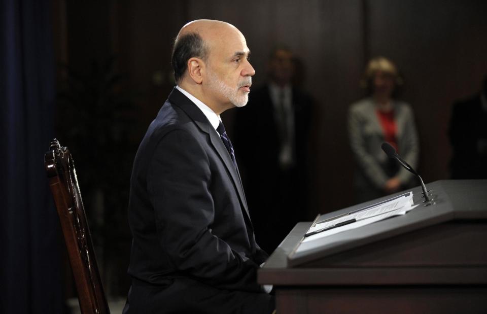 Federal Reserve Chairman Ben Bernanke speaks during a news conference at the Federal Reserve in Washington, Wednesday, April 25, 2012. The news conference followed the Federal Open Market Committee meeting presenting the FOMC's current economic projections. (AP Photo/Susan Walsh)