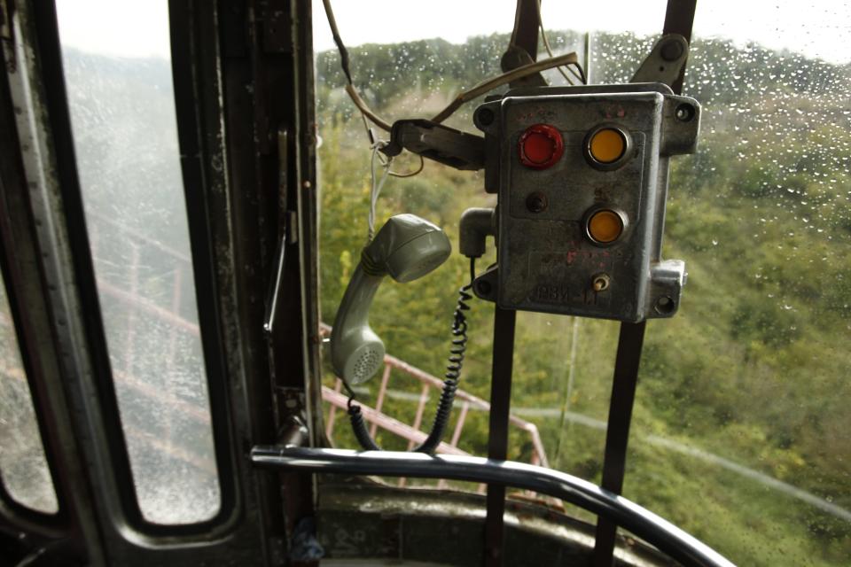 A communication device is seen inside a cable car in the town of Chiatura